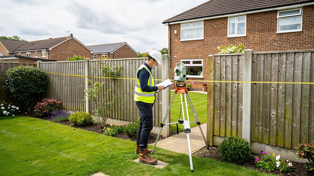 Surveyor measuring property boundary between two gardens in Barnet