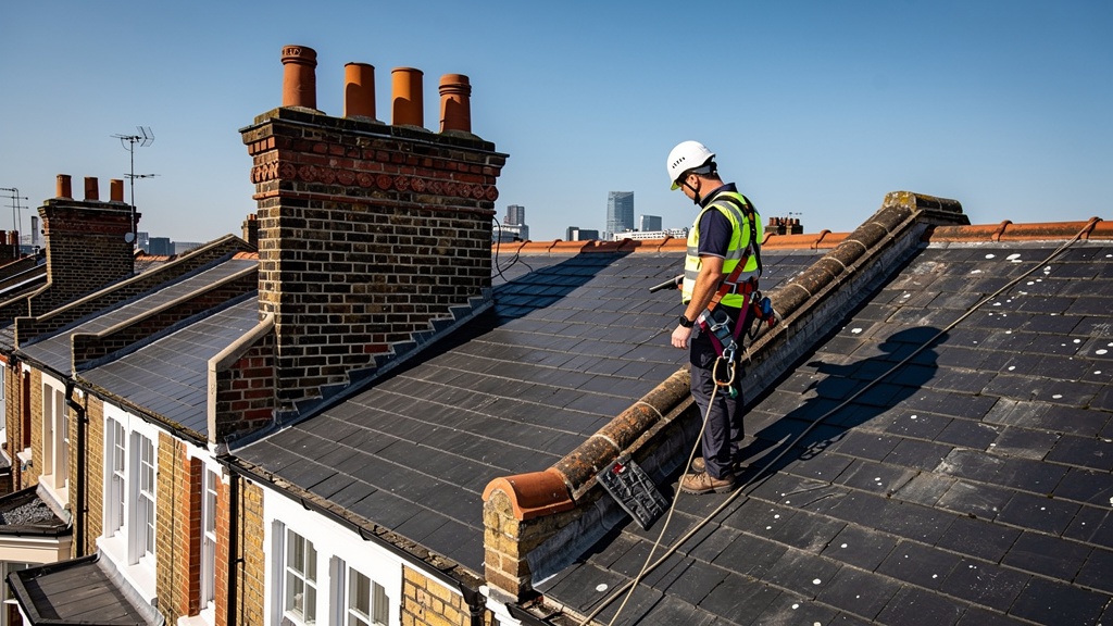 Surveyor inspecting roof tiles and chimney on a North London Victorian terrace