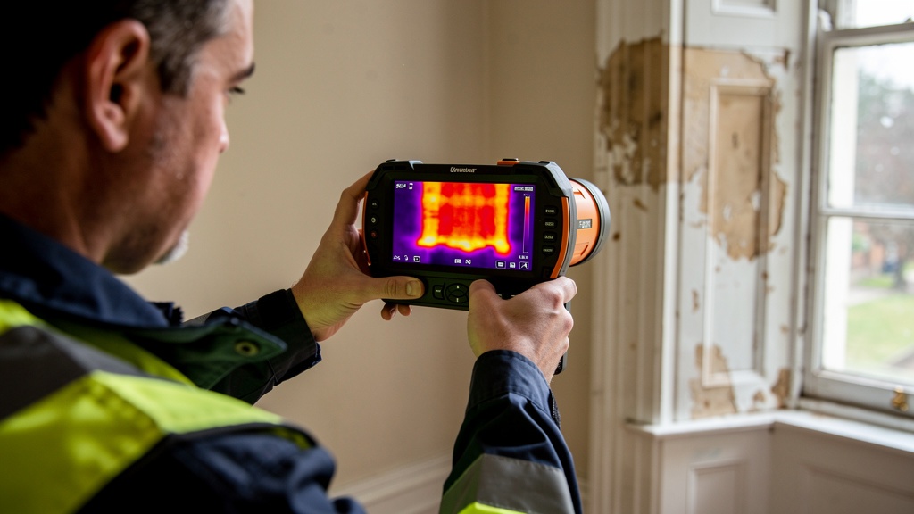 Thermal imaging camera being used to detect heat loss in a British home